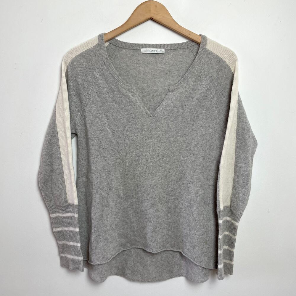 Gray Ivory Color Block‎ Cashmere Sweater V-Neck M/L Quiet Luxury Retro Stripe